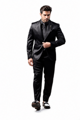 Shiny Satin Charmeuse Metallic Stripe Sheen Monochromatic Pinstripe Suit By Rossiman in Color Black Tailored Fit + Matching Shirt Tie (4-Piece) Modern Fit