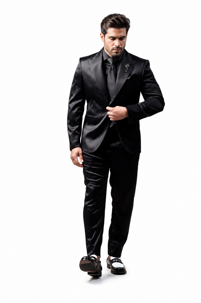 Shiny Satin Charmeuse Metallic Stripe Sheen Monochromatic Pinstripe Suit By Rossiman in Color Black Tailored Fit + Matching Shirt Tie (4-Piece) Modern Fit