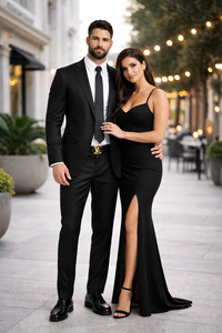 Shiny Sharkskin Jet Black 2 Button Style Jacket Flat Front Pants New Style