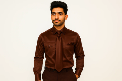 Affordable Clearance Cheap Mens Dress Shirt Sale Online Trendy - FerSH1 Men'S Shiny Luxurious Shirt Dark Brown - Image 2