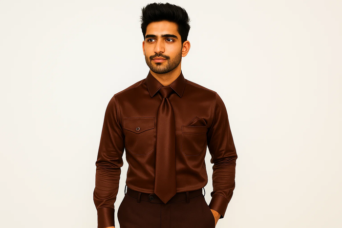 Affordable Clearance Cheap Mens Dress Shirt Sale Online Trendy - FerSH1 Men'S Shiny Luxurious Shirt Dark Brown - Image 2