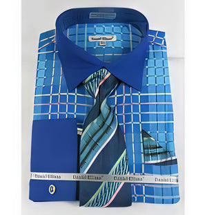 Mens Turquoise Dress Shirt Turquoise Blue Window Pane Pattern French Cuff With Collar Men'S Dress Shirt