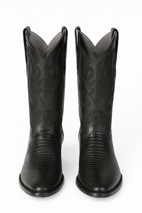 Los Altos Boots Lizard Teju R-Toe Black Cowboy Boots