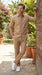 Mens Tan Embroidered Walking Suit Plus Matching Pants – Short Sleeve Shirt and Pants Casual Summer Outfit for Vacation, Beach in khaki Beige Color