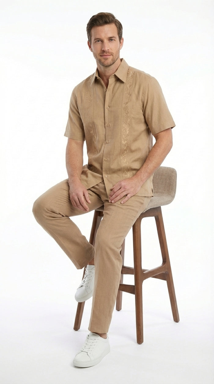 Mens Tan Embroidered Walking Suit Plus Matching Pants – Short Sleeve Shirt and Pants Casual Summer Outfit for Vacation, Beach in khaki Beige Color