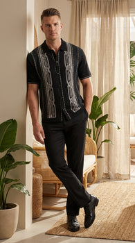 Mens Black and Gray Pattern Walking Suit Set – Short Sleeve Knit Shirt and Pants Casual Outfit for Summer, Travel and Everyday Wear