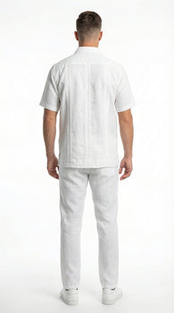 Mens White Embroidered Walking Suit Set – Short Sleeve Shirt and Pants Casual Summer Outfit for Vacation, Beach and Everyday Wear