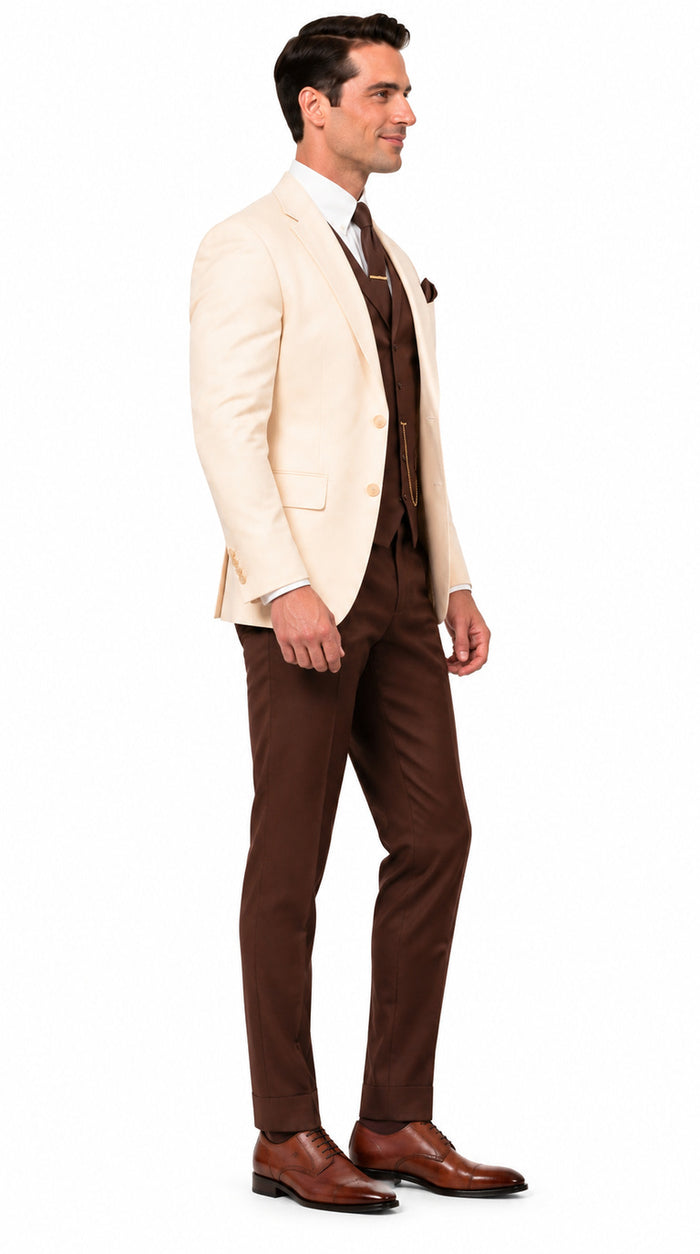 Great Gatsby 1920s Ivory Dinner Jacket with Brown Vest and Pants – Cream Off-White Collar Outfit