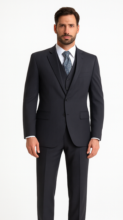 Signature Platinum Stays Cool Discounted Sale Men'S 3 Piece Grey Pinstripe Italian Design Three Piece Suit