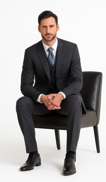 Signature Platinum Stays Cool Discounted Sale Men'S 3 Piece Grey Pinstripe Italian Design Three Piece Suit