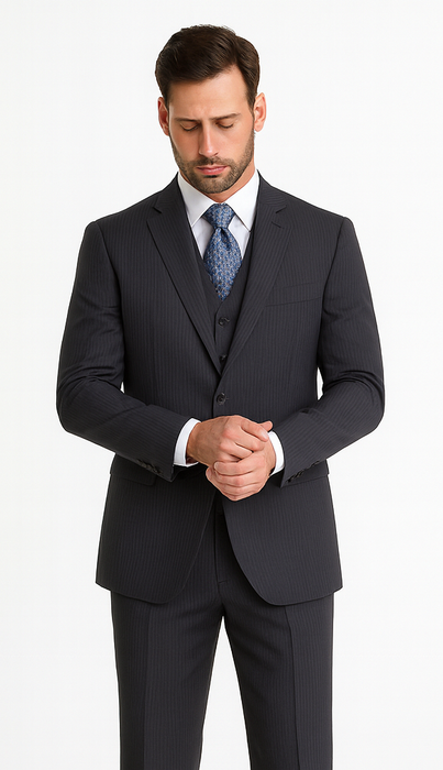 Signature Platinum Stays Cool Discounted Sale Men'S 3 Piece Grey Pinstripe Italian Design Three Piece Suit
