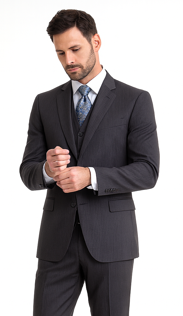 Signature Platinum Stays Cool Discounted Sale Men'S 3 Piece Grey Pinstripe Italian Design Three Piece Suit