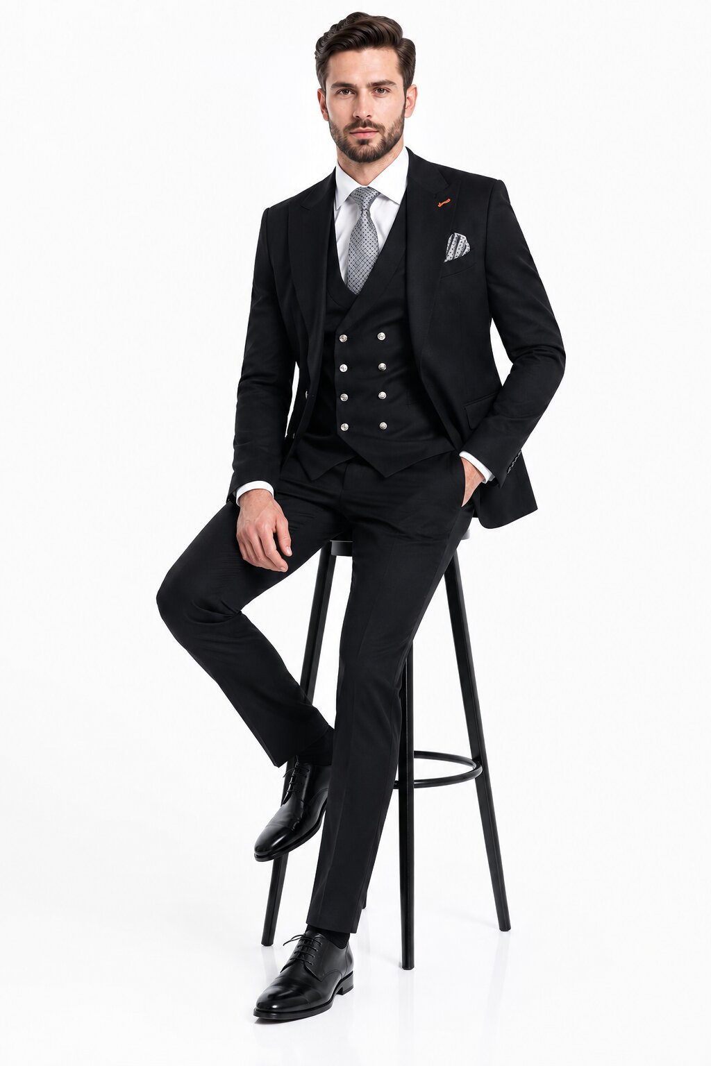 Men's Black Statement Ticket Pocket Peak Lapel Wool Double Breasted Vest Suit with Silver Buttons – Modern Fit