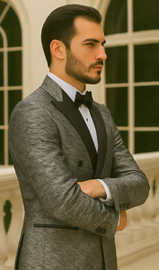 Silver Double Breasted Rough Streak Pattern Satin Peak Lapel Stacy Adams Men's Jacket