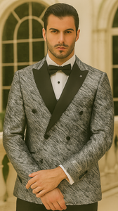 Silver Double Breasted Rough Streak Pattern Satin Peak Lapel Stacy Adams Men's Jacket