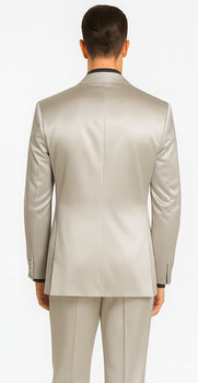 Men's Silver Satin Slim Fit Tazzio 3 Piece Suit with Double Breasted Vest and Peak Lapel Jacket - Image 3