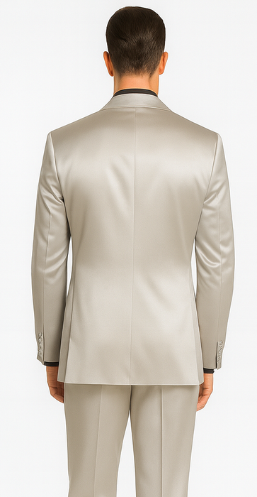 Men's Silver Satin Slim Fit Tazzio 3 Piece Suit with Double Breasted Vest and Peak Lapel Jacket