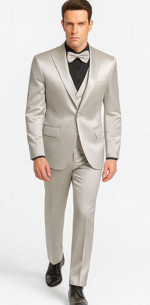 Men's Silver Satin Slim Fit Tazzio 3 Piece Suit with Double Breasted Vest and Peak Lapel Jacket - Image 5