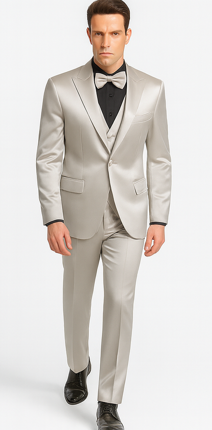 Men's Silver Satin Slim Fit Tazzio 3 Piece Suit with Double Breasted Vest and Peak Lapel Jacket - Image 5