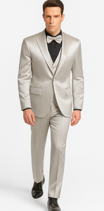 Men's Silver Satin Slim Fit Tazzio 3 Piece Suit with Double Breasted Vest and Peak Lapel Jacket