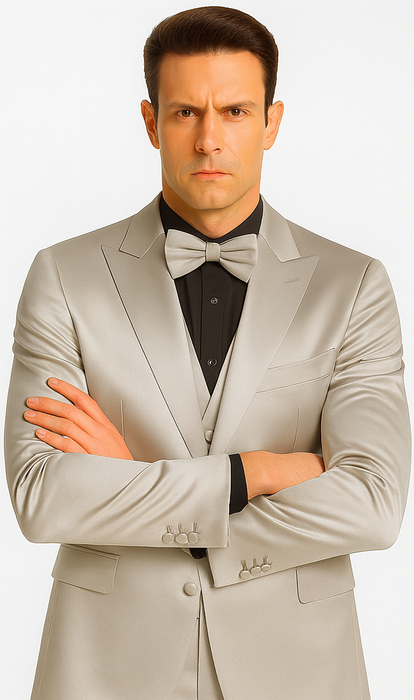 Men's Silver Satin Slim Fit Tazzio 3 Piece Suit with Double Breasted Vest and Peak Lapel Jacket