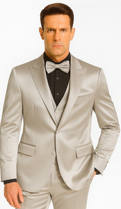 Men's Silver Satin Slim Fit Tazzio 3 Piece Suit with Double Breasted Vest and Peak Lapel Jacket