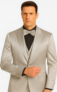 Men's Silver Satin Slim Fit Tazzio 3 Piece Suit with Double Breasted Vest and Peak Lapel Jacket