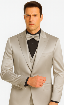 Men's Silver Satin Slim Fit Tazzio 3 Piece Suit with Double Breasted Vest and Peak Lapel Jacket