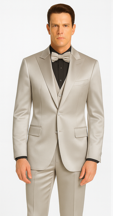 Men's Silver Satin Slim Fit Tazzio 3 Piece Suit with Double Breasted Vest and Peak Lapel Jacket