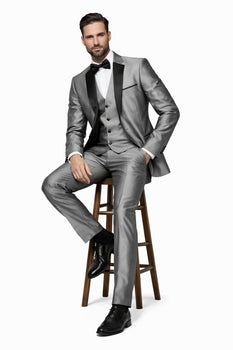 Mens Sharkskin Suits Mens Unique Bright Tuxedo Suits Vested 3 Pieces black lapel Shiny Flashy Sharskin Silver - Three Piece Suit