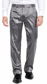 Mens Shiny Stretch Pants Solid Color Slim Fit Sateen Flashy Metallic Slacks in Color "Grey"