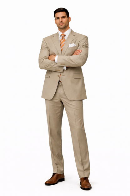 Simple Tan ~ Beige Men's Dress Ultra Smooth Stretch Fabric is Wrinkle and Stain-Resistant Rayon Available in 2 or Three ~ 3 Buttons Style Regular Classic Cut Business Suits Clearance Sale