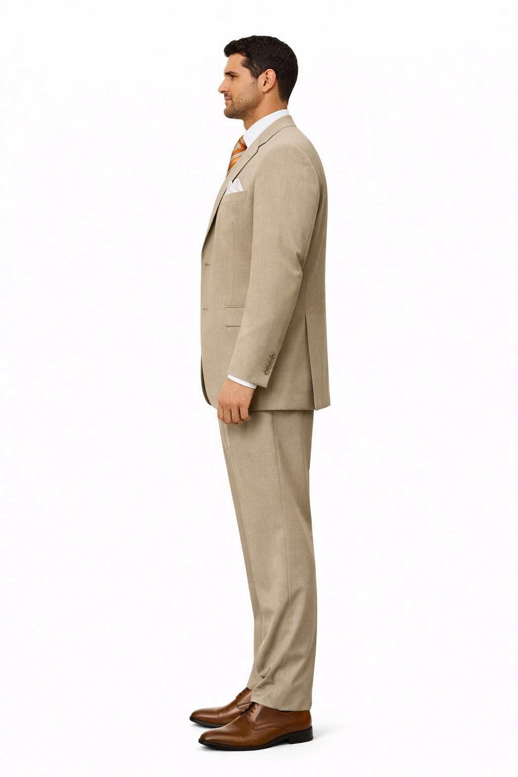Simple Tan ~ Beige Men's Dress Ultra Smooth Stretch Fabric is Wrinkle and Stain-Resistant Rayon Available in 2 or Three ~ 3 Buttons Style Regular Classic Cut Business Suits Clearance Sale