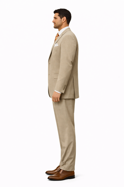 Simple Tan ~ Beige Men's Dress Ultra Smooth Stretch Fabric is Wrinkle and Stain-Resistant Rayon Available in 2 or Three ~ 3 Buttons Style Regular Classic Cut Business Suits Clearance Sale