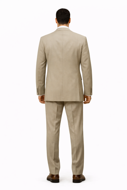 Simple Tan ~ Beige Men's Dress Ultra Smooth Stretch Fabric is Wrinkle and Stain-Resistant Rayon Available in 2 or Three ~ 3 Buttons Style Regular Classic Cut Business Suits Clearance Sale