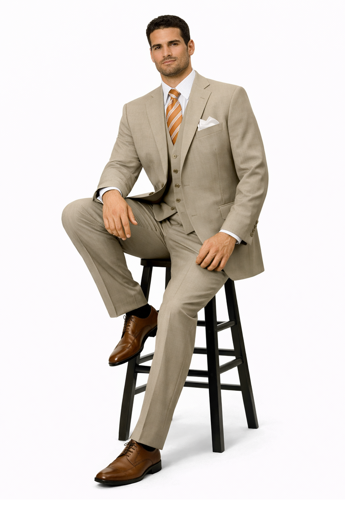 Simple Tan ~ Beige Men's Dress Ultra Smooth Stretch Fabric is Wrinkle and Stain-Resistant Rayon Available in 2 or Three ~ 3 Buttons Style Regular Classic Cut Business Suits Clearance Sale