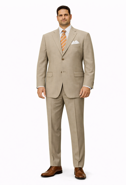Simple Tan ~ Beige Men's Dress Ultra Smooth Stretch Fabric is Wrinkle and Stain-Resistant Rayon Available in 2 or Three ~ 3 Buttons Style Regular Classic Cut Business Suits Clearance Sale