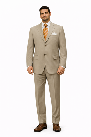 Simple Tan ~ Beige Men's Dress Ultra Smooth Stretch Fabric is Wrinkle and Stain-Resistant Rayon Available in 2 or Three ~ 3 Buttons Style Regular Classic Cut Business Suits Clearance Sale