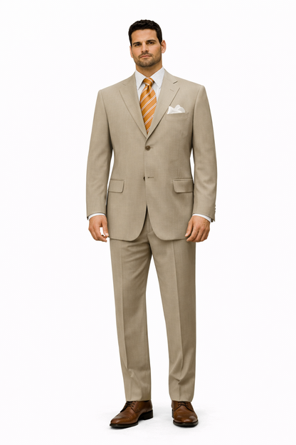 Simple Tan ~ Beige Men's Dress Ultra Smooth Stretch Fabric is Wrinkle and Stain-Resistant Rayon Available in 2 or Three ~ 3 Buttons Style Regular Classic Cut Business Suits Clearance Sale