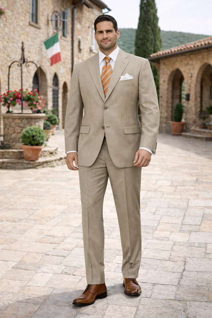 Simple Tan ~ Beige Men's Dress Ultra Smooth Stretch Fabric is Wrinkle and Stain-Resistant Rayon Available in 2 or Three ~ 3 Buttons Style Regular Classic Cut Business Suits Clearance Sale