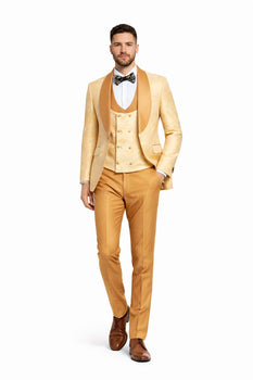 Gold Paisley 3-Piece Skinny Fit Suit – Wide Shawl Lapel with Matching Bow Tie