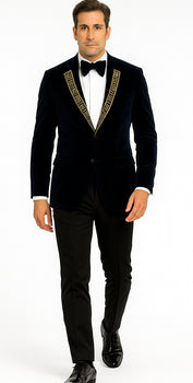 SKU#JA58428 Velvet Suit Matching Velvet Pants - Navy Suit