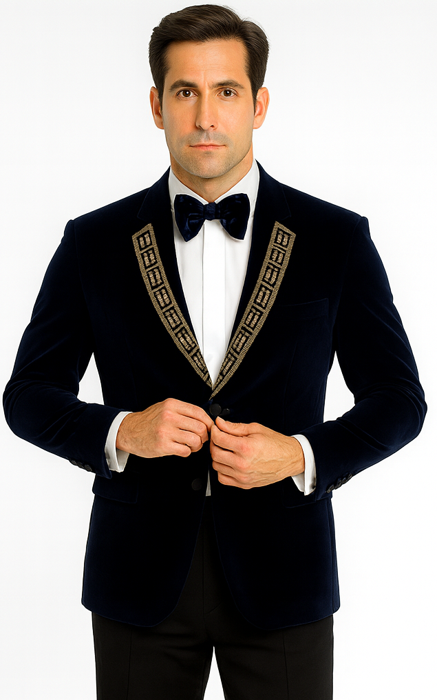 SKU#JA58428 Velvet Suit Matching Velvet Pants - Navy Suit