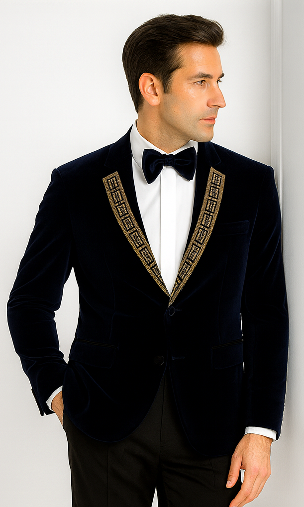 SKU#JA58428 Velvet Suit Matching Velvet Pants - Navy Suit