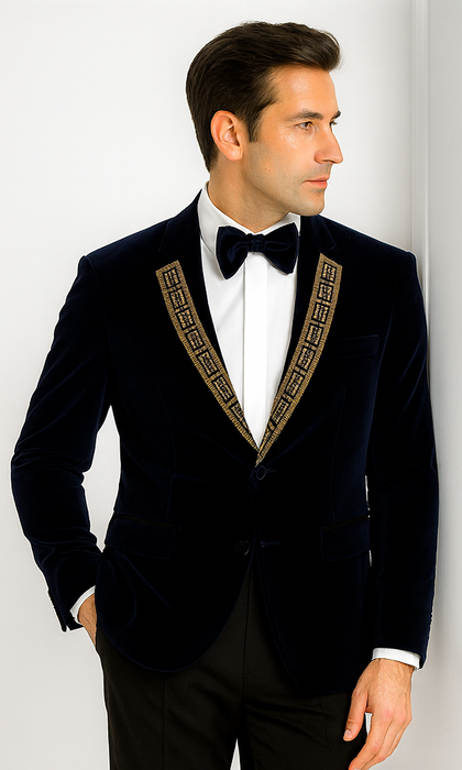 SKU#JA58428 Velvet Suit Matching Velvet Pants - Navy Suit