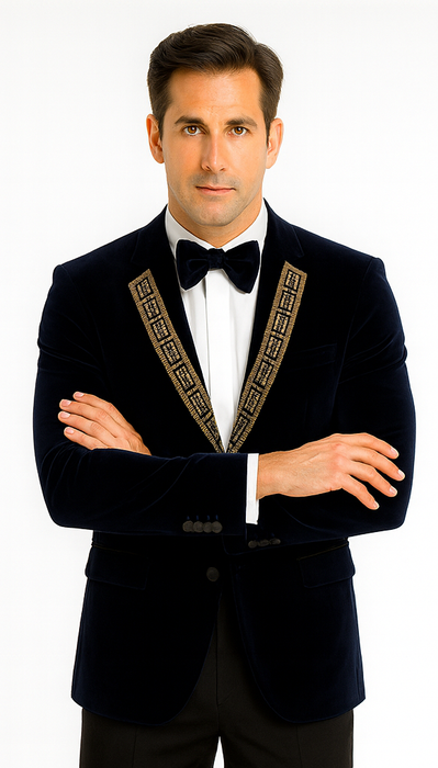 SKU#JA58428 Velvet Suit Matching Velvet Pants - Navy Suit