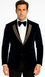 SKU#JA58428 Velvet Suit Matching Velvet Pants - Navy Suit