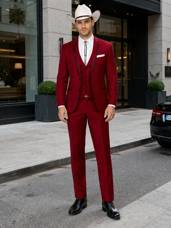 SKU#JA60892 Country Tuxedos For Weddings Mens Traje Vaquero Suit - Burgundy Tuxedo