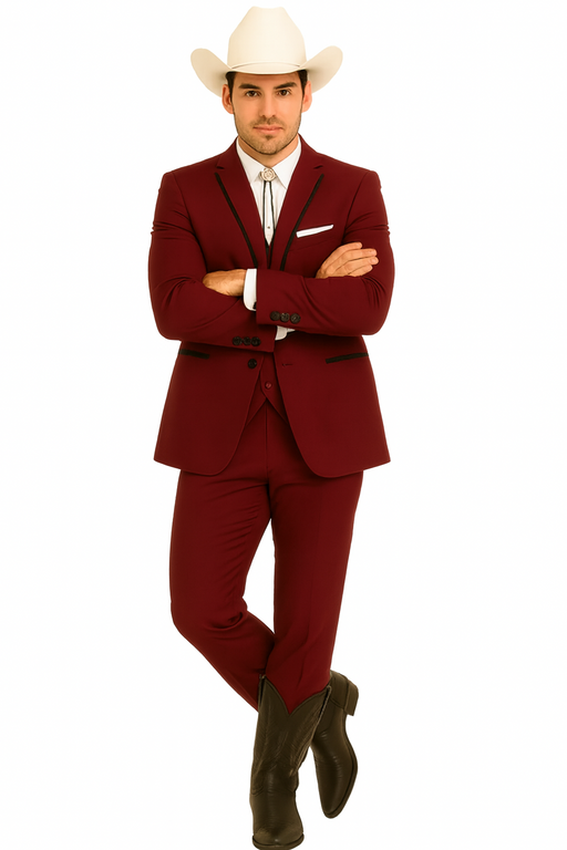 SKU#JA60892 Country Tuxedos For Weddings Mens Traje Vaquero Suit - Burgundy Tuxedo