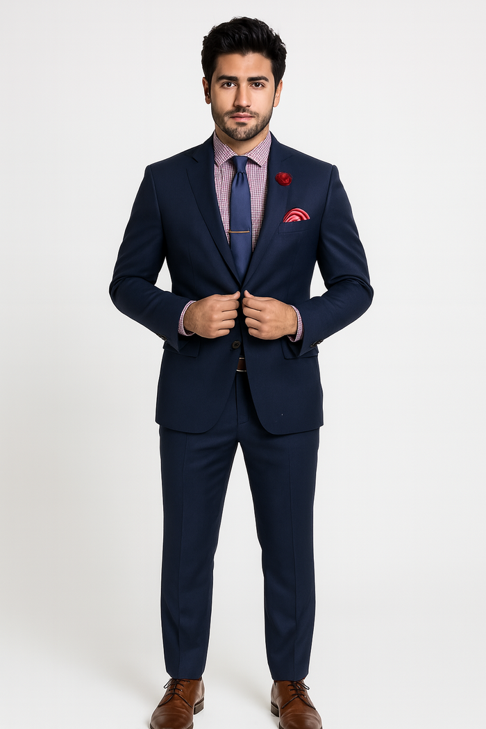 Vitali Brand Suits - Slim Fit 2 Button Sharkskin Textured Pattern Tapered Fit Suit With Vent Dark Blue Online Discount Fashion Sale